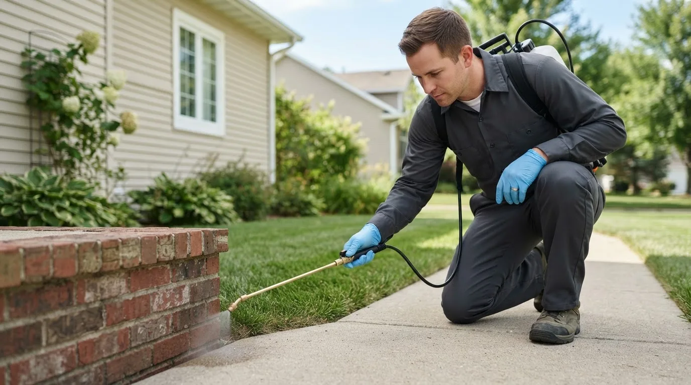 Pest control technician treating a home near Colby, KS